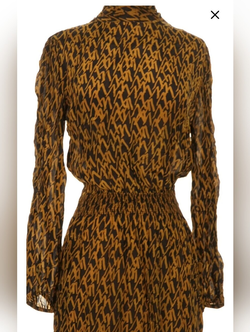 Zara NWOT- Elegant Dark Brown and Gold Patterned Midi Dress- Sz L